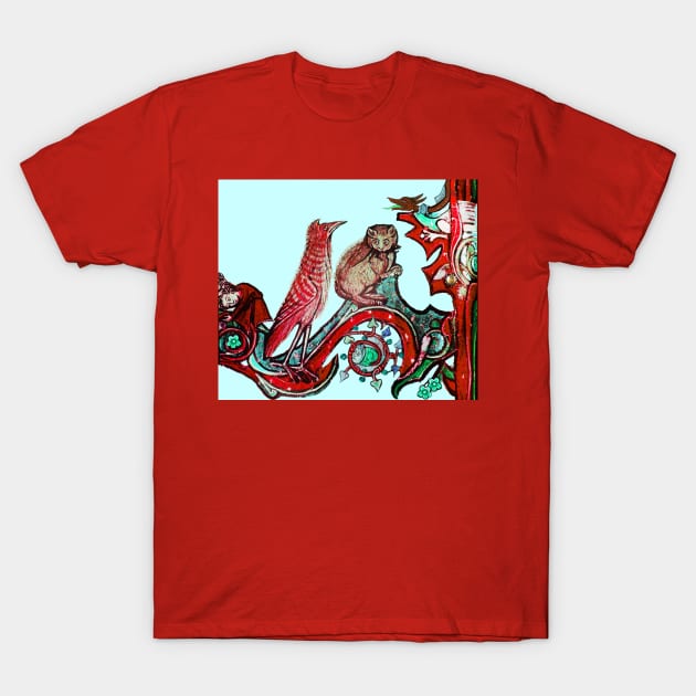 WEIRD MEDEVAL BESTIARY, CAT AND CUCKOO BIRD IN RED GREEN T-Shirt by BulganLumini